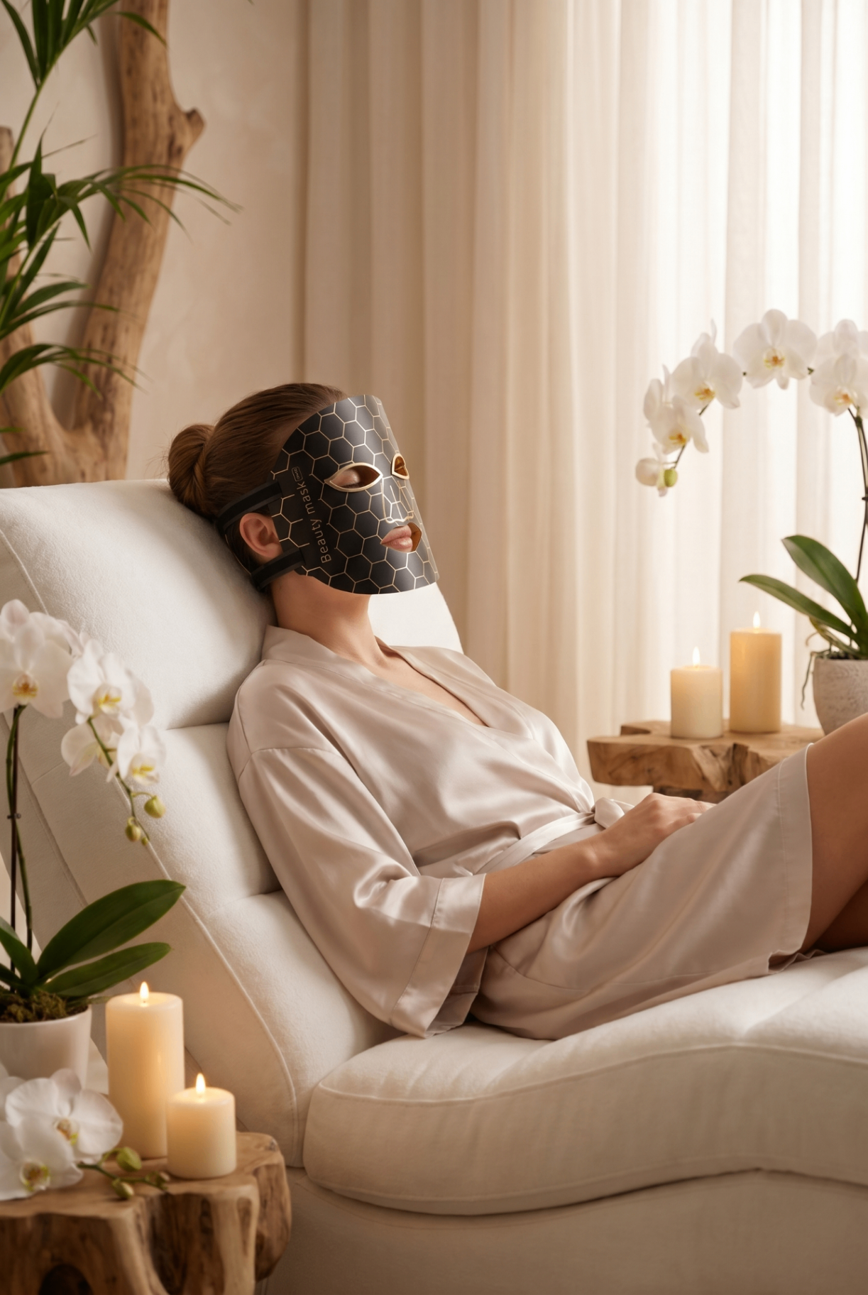 Woman relaxing while wearing the Luméa LED light therapy mask