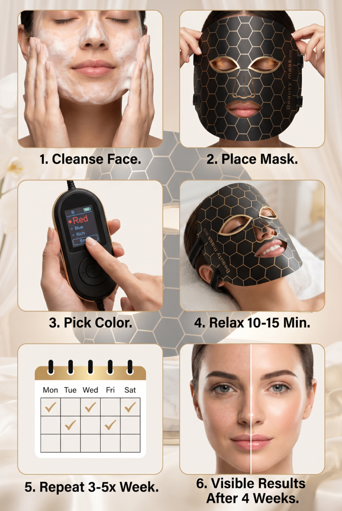 Step-by-step infographic showing how to use the Luméa LED light therapy mask